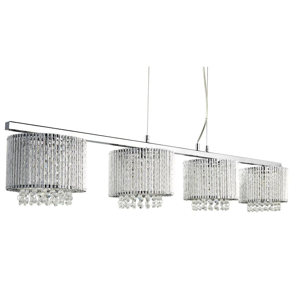 Lampa wisząca Elise I, 4-punktowa, z chromowanym stelażem. Cztery cylindryczne klosze z przezroczystymi kryształkami u dołu, zawieszone na prostokątnej belce. Całość w eleganckim, nowoczesnym stylu.