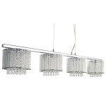 Lampa wisząca Elise I, 4-punktowa, z chromowanym stelażem. Cztery cylindryczne klosze z przezroczystymi kryształkami u dołu, zawieszone na prostokątnej belce. Całość w eleganckim, nowoczesnym stylu.