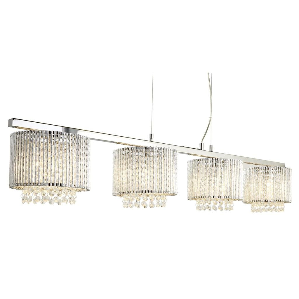 Lampa wisząca Elise I, 4-punktowa, z chromowanym metalowym stelażem. Posiada cylindryczne klosze z przezroczystymi kryształkami u dołu, emitujące ciepłe światło. Zawieszona na cienkich linkach, idealna do nowoczesnych wnętrz.