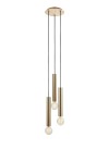Lampa wisząca Sencillo 3-punktowa w kolorze mosiądzu z trzema cylindrycznymi kloszami zawieszonymi na czarnych przewodach. Ujęcie frontalne pokazuje zamontowaną lampę, która jest w stanie wiszącym, na prostym tle.