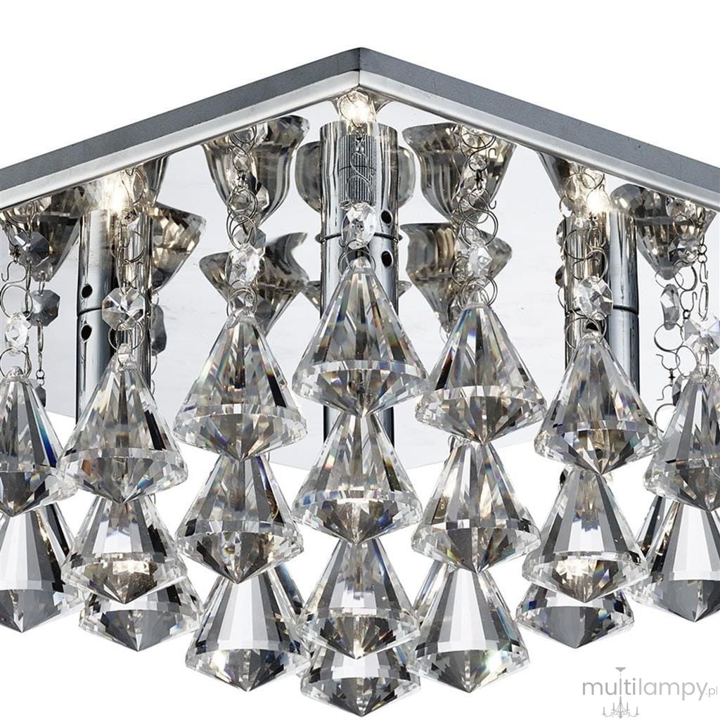 Lampa sufitowa 4-punktowa w kwadratowej obudowie chromowanej, ozdobiona przezroczystymi kryształowymi elementami w kształcie piramid. Widok z góry, ukazujący detale mocowania i rozmieszczenie źródeł światła.