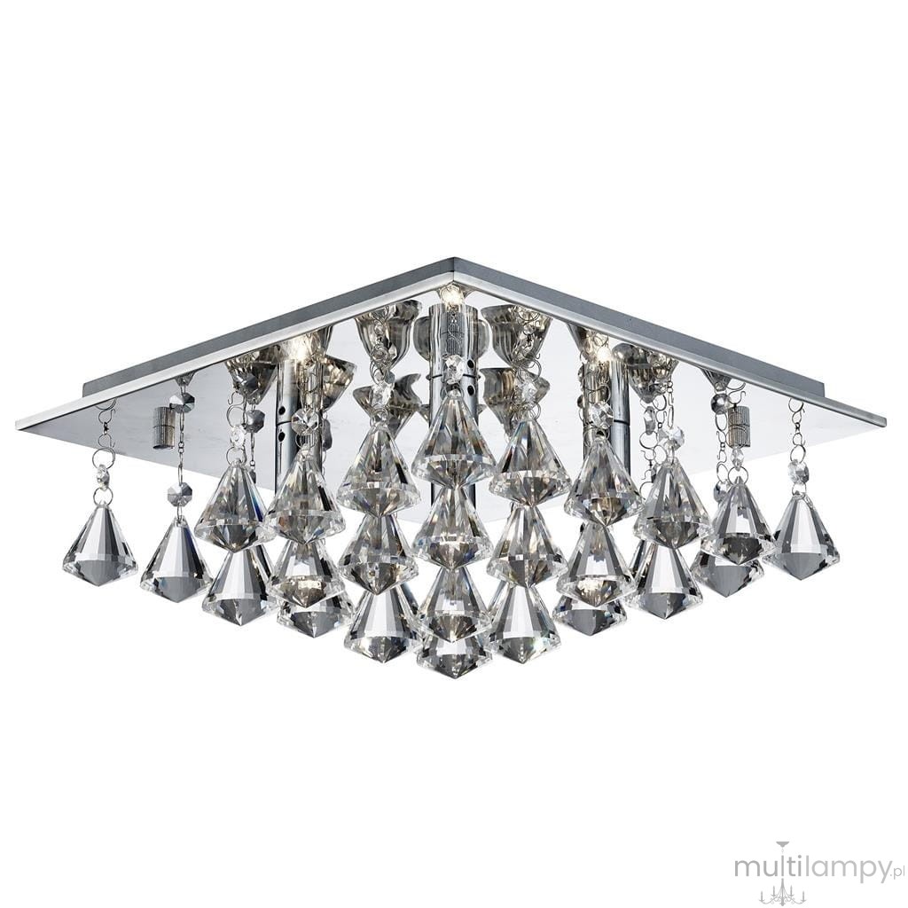 Lampa sufitowa Hanna 4-punktowa w kolorze chromu z kwadratowym stelażem. Posiada zwisające kryształowe elementy w kształcie diamentów, które odbijają światło, tworząc efektowną iluminację. Produkt zamontowany na suficie.