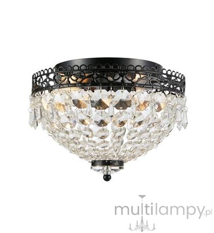Czarna lampa sufitowa Joline 2-punktowa z przezroczystymi kryształkami. Okrągła forma z metalową obręczą i dekoracyjnymi elementami, montowana sufitowo. Dwa źródła światła widoczne wewnątrz.