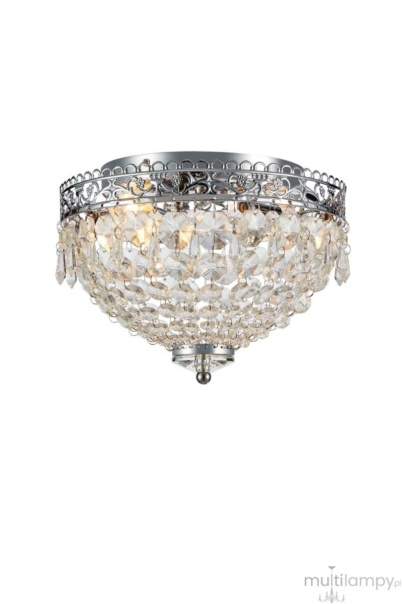 Lampa sufitowa Joline 2-punktowa w chromowanej oprawie, zdobiona przezroczystymi kryształkami. Okrągła forma, wisząca konstrukcja, z dekoracyjnym obrzeżem. Wnętrze lampy z widocznymi źródłami światła.
