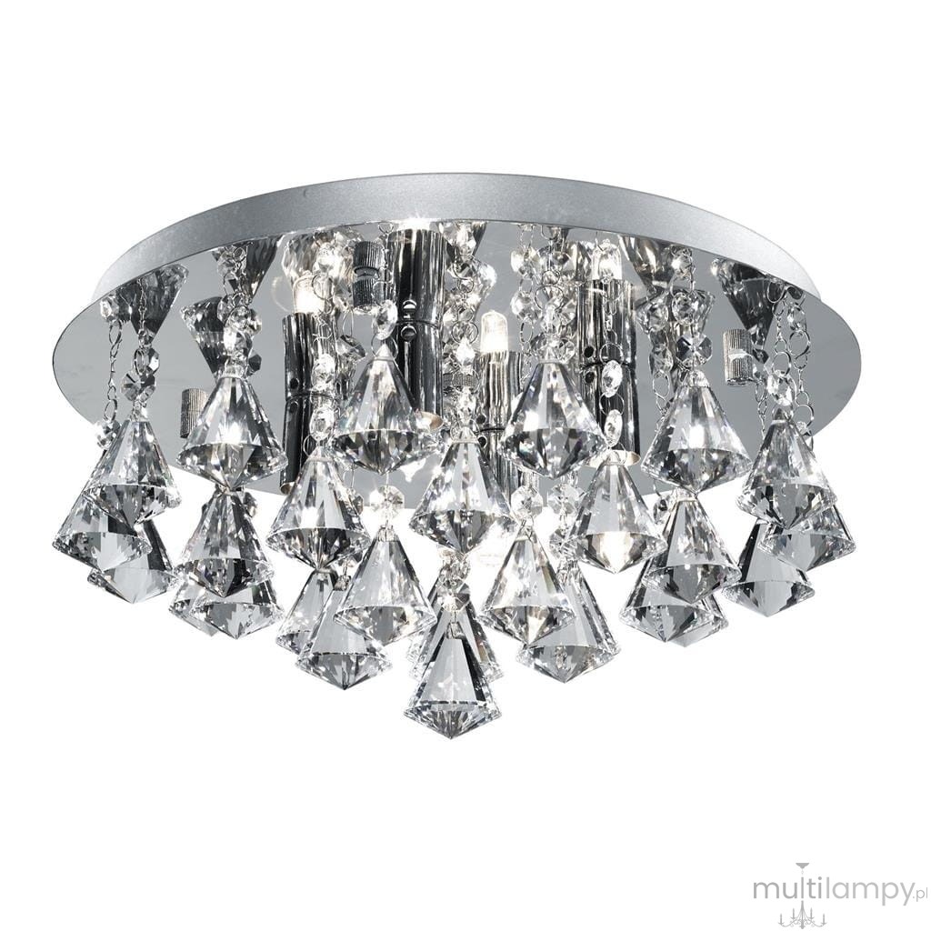 Lampa sufitowa Hanna 4-punktowa w okrągłej chromowanej obudowie, z kryształowymi zwisami w kształcie piramid. Ujęcie frontalne, lampa zamontowana na suficie, błyszczące wykończenie.