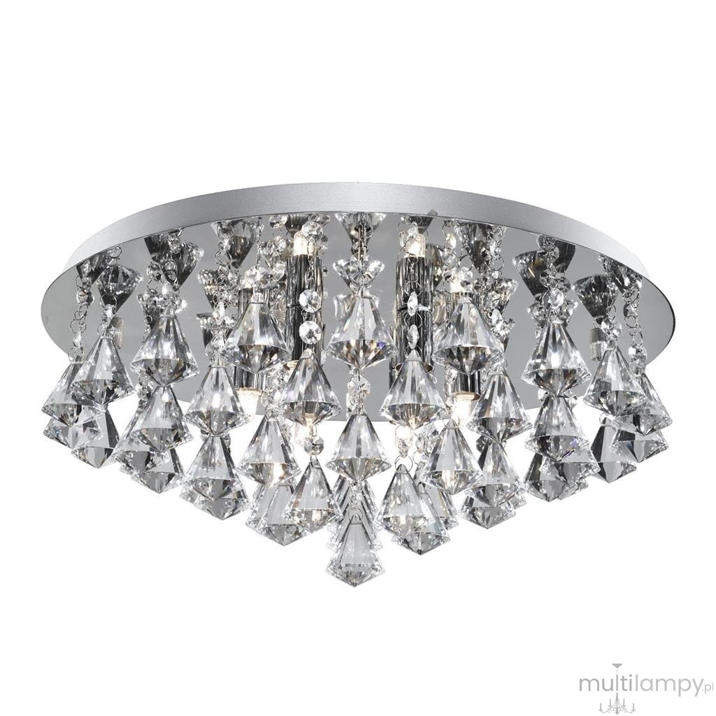 Lampa sufitowa Hanna, 6-punktowa, okrągła, chromowana. Zawiera kryształowe elementy w kształcie trójkątów, zawieszone na metalowej podstawie. Oświetlenie w stylu nowoczesnym, wiszące, z równomiernym rozkładem światła.