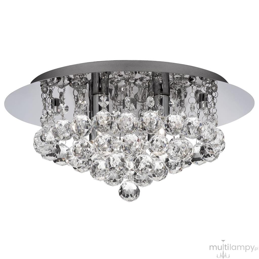 Lampa sufitowa Hanna 4-punktowa w kolorze chromu, okrągła, z kryształowymi dekoracjami. Zawieszone szklane kule tworzą efektowną kompozycję. Ujęcie z dołu, ukazujące detale i błyszczące wykończenie.