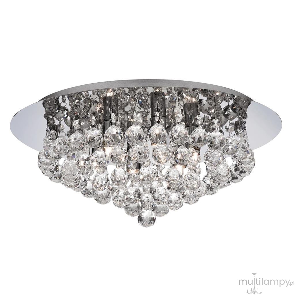Lampa sufitowa Hanna 6-punktowa w kolorze chromu, okrągła, z kryształowymi elementami. Widoczne sześć punktów świetlnych otoczonych dekoracyjnymi kryształami, montowana na płaskim, lustrzanym podłożu.