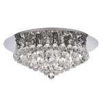Lampa sufitowa Hanna 6-punktowa w kolorze chromu, okrągła, z kryształowymi elementami. Widoczne sześć punktów świetlnych otoczonych dekoracyjnymi kryształami, montowana na płaskim, lustrzanym podłożu.