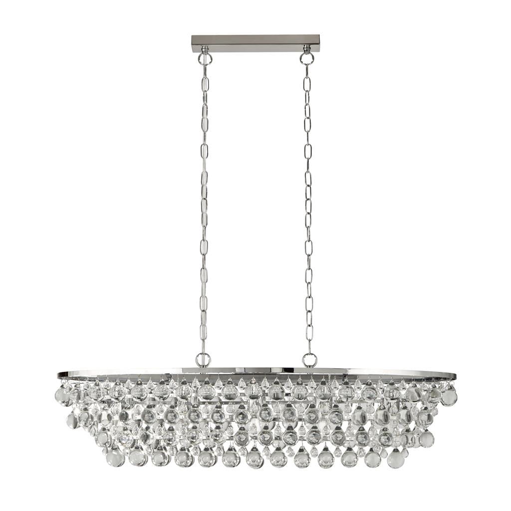 Lampa wisząca Michelle 5-punktowa w chromowanym wykończeniu. Owalna konstrukcja z dekoracyjnymi kryształkami, zawieszona na dwóch łańcuchach. Elegancki design, idealna do nowoczesnych wnętrz. Wysokość i szerokość dostosowane do różnych przestrzeni.
