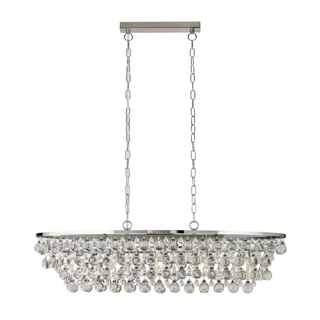 Lampa wisząca Michelle 5-punktowa w kolorze chromu, z estetycznymi kryształowymi zwisami. Ujęcie z przodu, zawieszona na dwóch łańcuszkach. Okrągła podstawa z lustrzanym wykończeniem, efektowne oświetlenie idealne do nowoczesnych wnętrz.