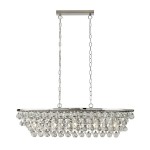 Lampa wisząca Michelle 5-punktowa w kolorze chromu, z estetycznymi kryształowymi zwisami. Ujęcie z przodu, zawieszona na dwóch łańcuszkach. Okrągła podstawa z lustrzanym wykończeniem, efektowne oświetlenie idealne do nowoczesnych wnętrz.