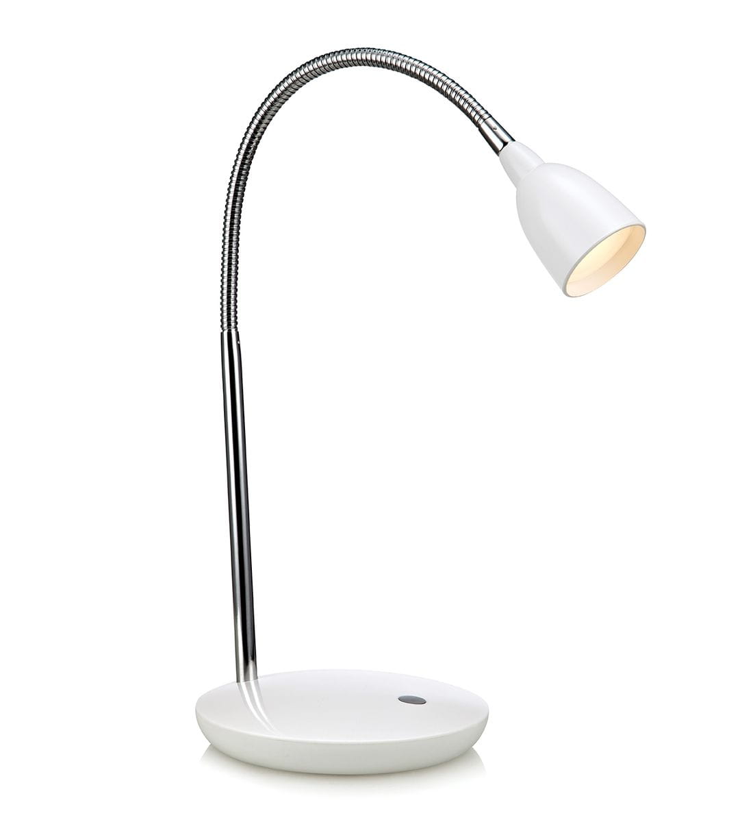 Biała lampa biurkowa Tulip LED z elastycznym ramieniem, okrągłą podstawą i metalowym wykończeniem. Klosz w kształcie stożka skierowany w dół, z widocznym włącznikiem na podstawie. Idealna do pracy przy biurku.