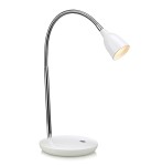 Biała lampa biurkowa Tulip LED z elastycznym ramieniem, okrągłą podstawą i metalowym wykończeniem. Klosz w kształcie stożka skierowany w dół, z widocznym włącznikiem na podstawie. Idealna do pracy przy biurku.