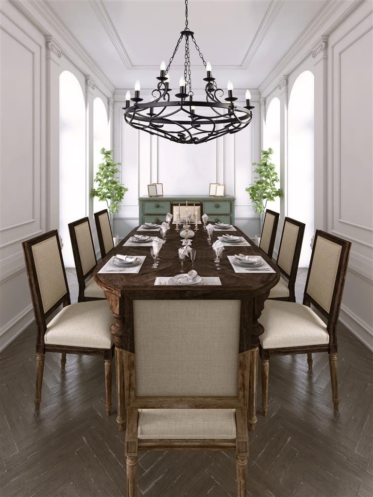 Czarny żyrandol świecznikowy Cartwheel III z 12 punktami świetlnymi, zawieszony na łańcuchu, umieszczony nad drewnianym stołem w eleganckiej jadalni, otoczony jasnymi krzesłami i zielonymi roślinami.