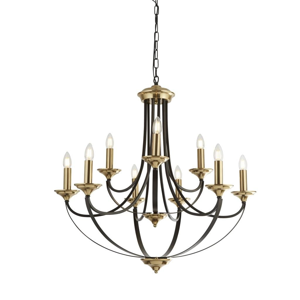 Żyrandol świecznikowy 9-punktowy w kolorze ciemnego brązu i mosiądzu. Posiada dziewięć lamp, z których każda ma elegancki, cylindryczny kształt. Ujęcie z przodu, zawieszony na łańcuchu. Idealny do przestronnych wnętrz.
