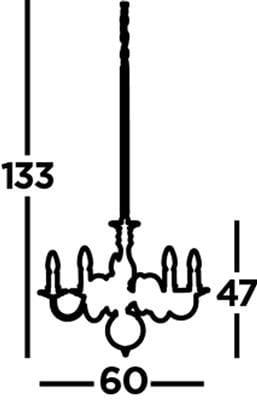 Żyrandol świecznikowy Greythorne w kolorze szarym, pięciopunktowy, z detalami w formie okrągłych mocowań. Wymiary: wysokość 133 cm, szerokość 60 cm, głębokość 47 cm. Zawieszony na prostym łańcuchu.