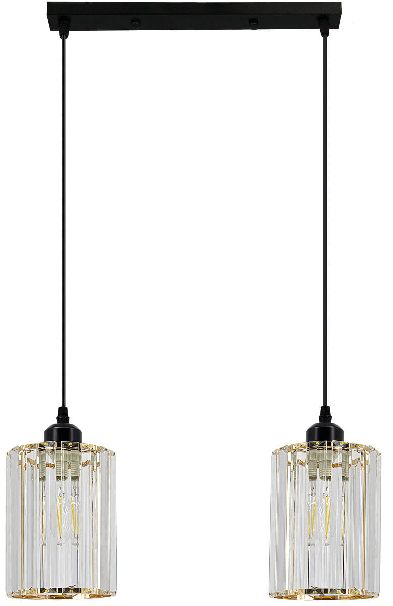 Lampa wisząca Modena 2-punktowa w kolorze czarnym z przezroczystymi kloszami o cylindrycznym kształcie. Ujęcie frontalne, dwa klosze zawieszone na cienkich linkach, z metalowym mocowaniem. Tło białe, co podkreśla elegancję lampy.