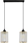 Lampa wisząca Modena 2-punktowa w kolorze czarnym z przezroczystymi kloszami o cylindrycznym kształcie. Ujęcie frontalne, dwa klosze zawieszone na cienkich linkach, z metalowym mocowaniem. Tło białe, co podkreśla elegancję lampy.