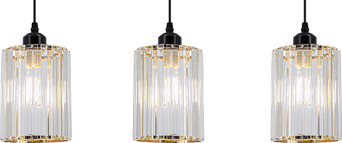 Modena lampa wisząca 3-punktowa, czarna, z trzema szklanymi kloszami o prostokątnym kształcie, z metalowymi wykończeniami w kolorze złotym. Ujęcie frontalne, zawieszona na czarnym kablu, w eleganckim stylu do wnętrz.