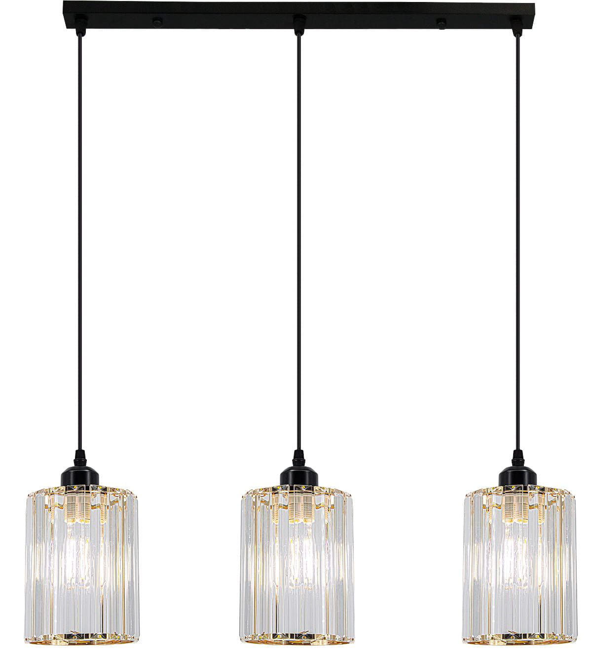 Czarna lampa wisząca Modena 3-punktowa z przezroczystymi kloszami, zawieszona na cienkich przewodach. Klosze mają cylindryczny kształt z dekoracyjnymi żłobieniami, montowane na prostokątnej podstawie. Idealna do nowoczesnych aranżacji wnętrz.