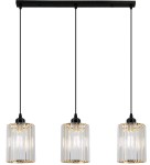 Czarna lampa wisząca Modena 3-punktowa z przezroczystymi kloszami, zawieszona na cienkich przewodach. Klosze mają cylindryczny kształt z dekoracyjnymi żłobieniami, montowane na prostokątnej podstawie. Idealna do nowoczesnych aranżacji wnętrz.