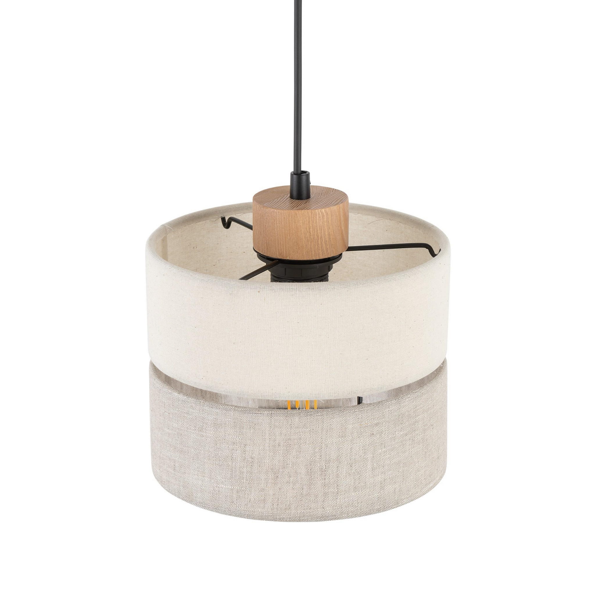 Lampa wisząca Eco D20 w kolorze jasnym z tekstylnym kloszem w dwóch odcieniach – górna część biała, dolna szara. Element drewniany u góry, czarny kabel. Zawieszona w pozycji stojącej, widok z góry.