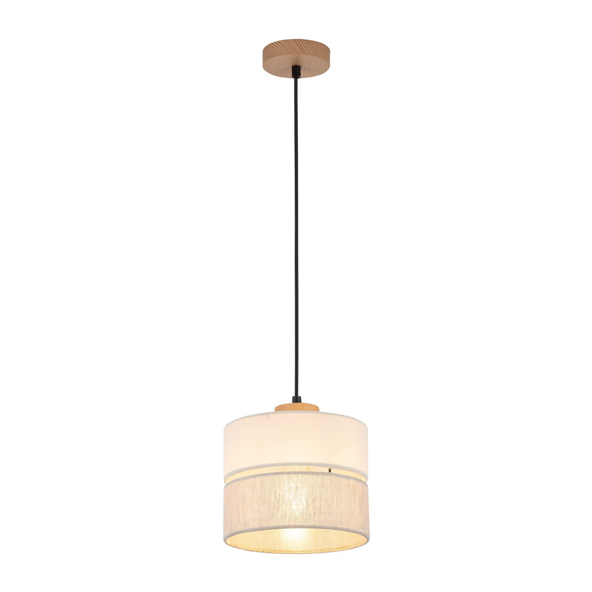 Lampa wisząca Eco D20 z jednym punktem świetlnym, z białym kloszem w dwóch warstwach: górna z przezroczystym materiałem, dolna z teksturą lnu. Utrzymana na czarnym przewodzie, z drewnianym stropem. Idealna do nowoczesnych wnętrz.
