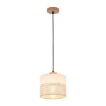 Lampa wisząca Eco D20 z jednym punktem świetlnym, z białym kloszem w dwóch warstwach: górna z przezroczystym materiałem, dolna z teksturą lnu. Utrzymana na czarnym przewodzie, z drewnianym stropem. Idealna do nowoczesnych wnętrz.