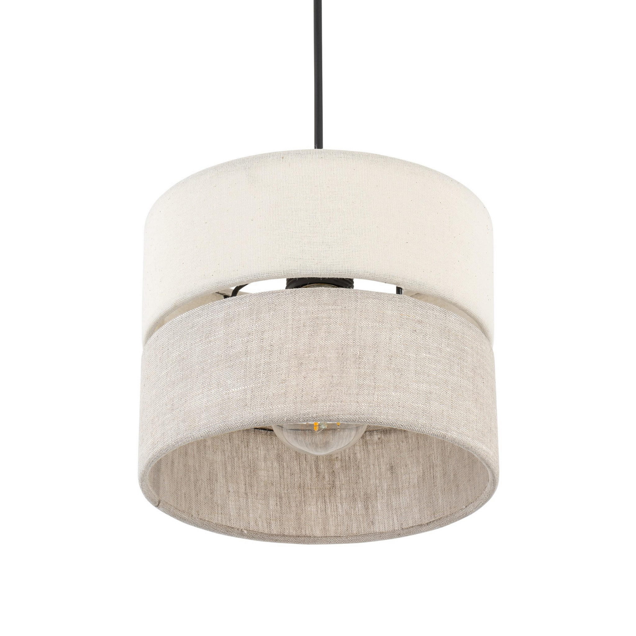 Lampa wisząca Eco D20 1-punktowa z dwiema okrągłymi osłonami w kolorze jasnym i beżowym, wykonana z tkaniny. Kształt cylindryczny, zawieszona na czarnym kablu. Widoczna żarówka w środku. Prosta forma, idealna do minimalistycznych wnętrz.