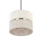 Lampa wisząca Eco D20 1-punktowa z dwiema okrągłymi osłonami w kolorze jasnym i beżowym, wykonana z tkaniny. Kształt cylindryczny, zawieszona na czarnym kablu. Widoczna żarówka w środku. Prosta forma, idealna do minimalistycznych wnętrz.
