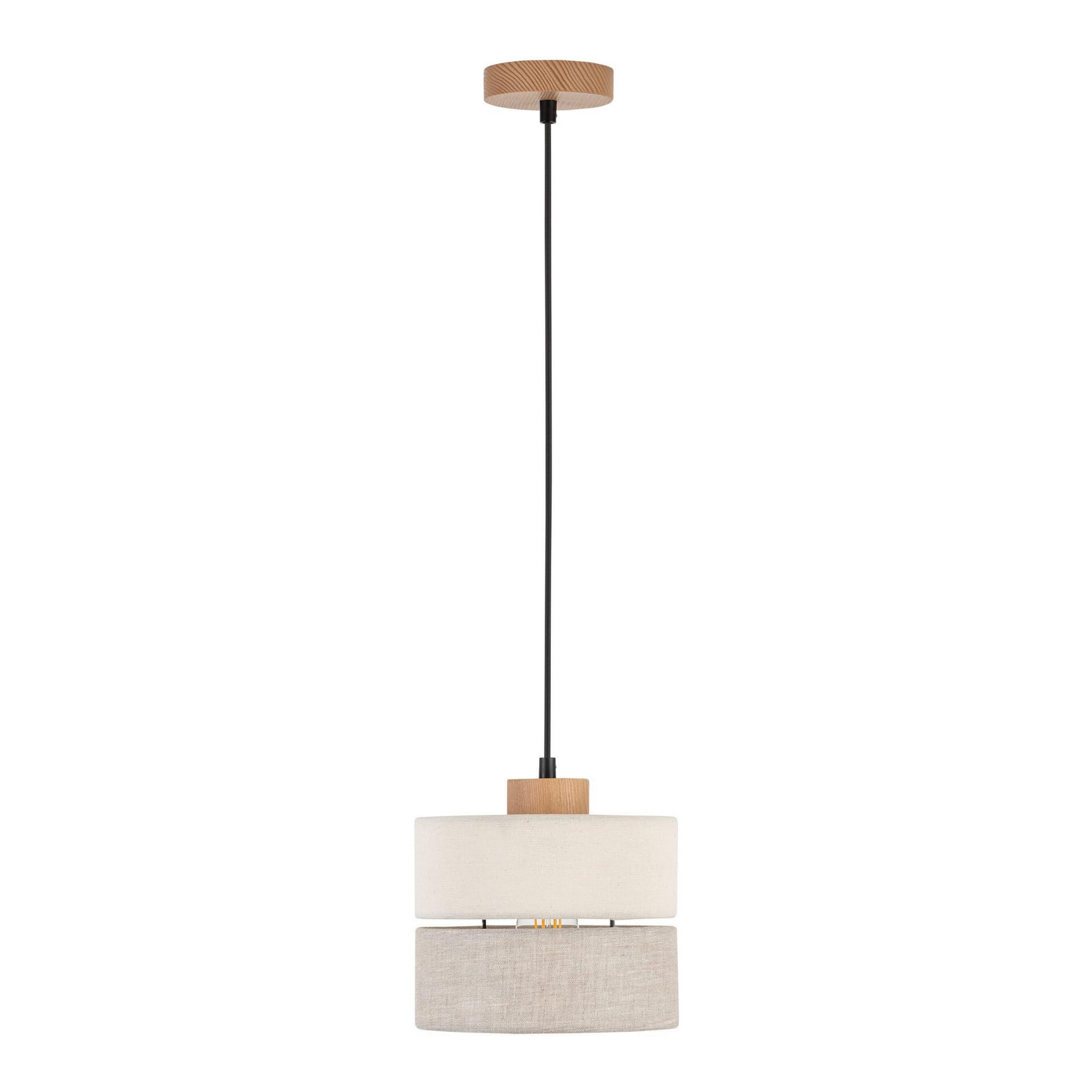 Lampa wisząca Eco D20, 1-punktowa, z drewnianym stropem, czarnym przewodem oraz dwoma okrągłymi kloszami z materiału w kolorze jasnoszarym i beżowym. Ułożona w pionie, idealna do nowoczesnych wnętrz.