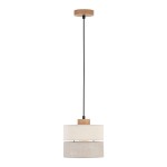 Lampa wisząca Eco D20, 1-punktowa, z drewnianym stropem, czarnym przewodem oraz dwoma okrągłymi kloszami z materiału w kolorze jasnoszarym i beżowym. Ułożona w pionie, idealna do nowoczesnych wnętrz.