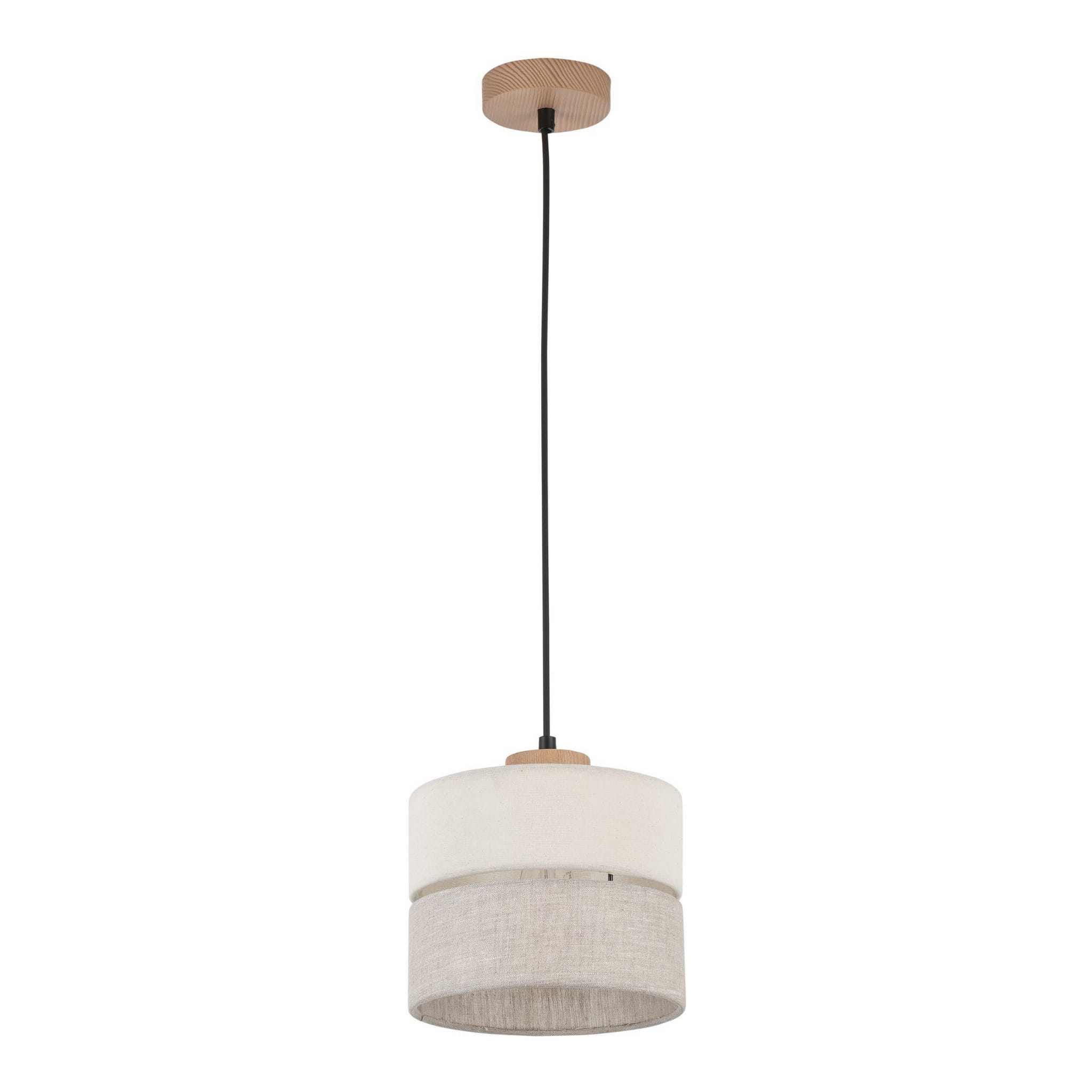 Lampa wisząca Eco D20 w kolorze białym i szarym, z materiałowym kloszem w dwóch warstwach. Posiada drewniany sufitowy uchwyt oraz czarny przewód. Zawieszona w pozycji pionowej, na białym tle.