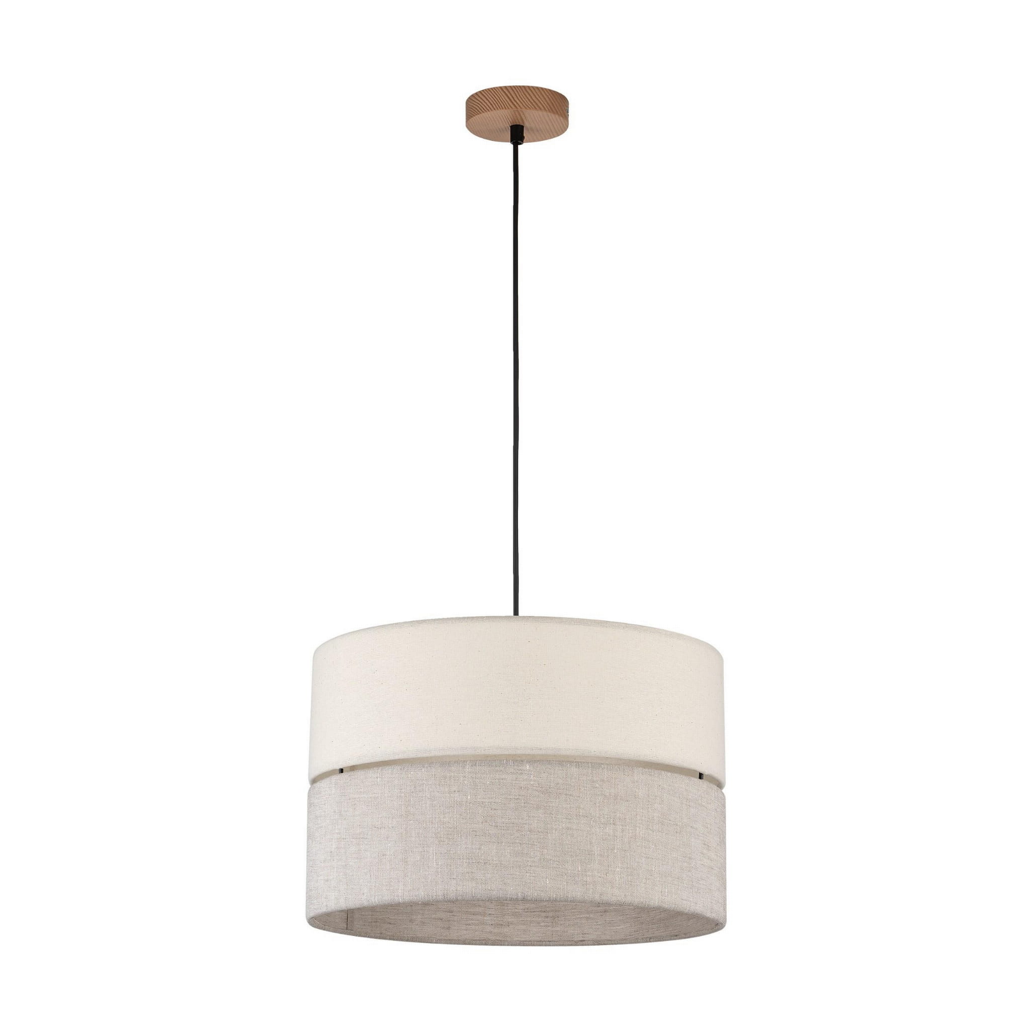 Lampa wisząca Eco D38 w stylu minimalistycznym, posiadająca dwa okrągłe klosze w jasnych odcieniach - górny w kolorze białym, dolny w odcieniu szaro-beżowym. Zawieszona na czarnym przewodzie, z drewnianym mocowaniem sufitowym.