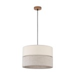 Lampa wisząca Eco D38 w stylu minimalistycznym, posiadająca dwa okrągłe klosze w jasnych odcieniach - górny w kolorze białym, dolny w odcieniu szaro-beżowym. Zawieszona na czarnym przewodzie, z drewnianym mocowaniem sufitowym.