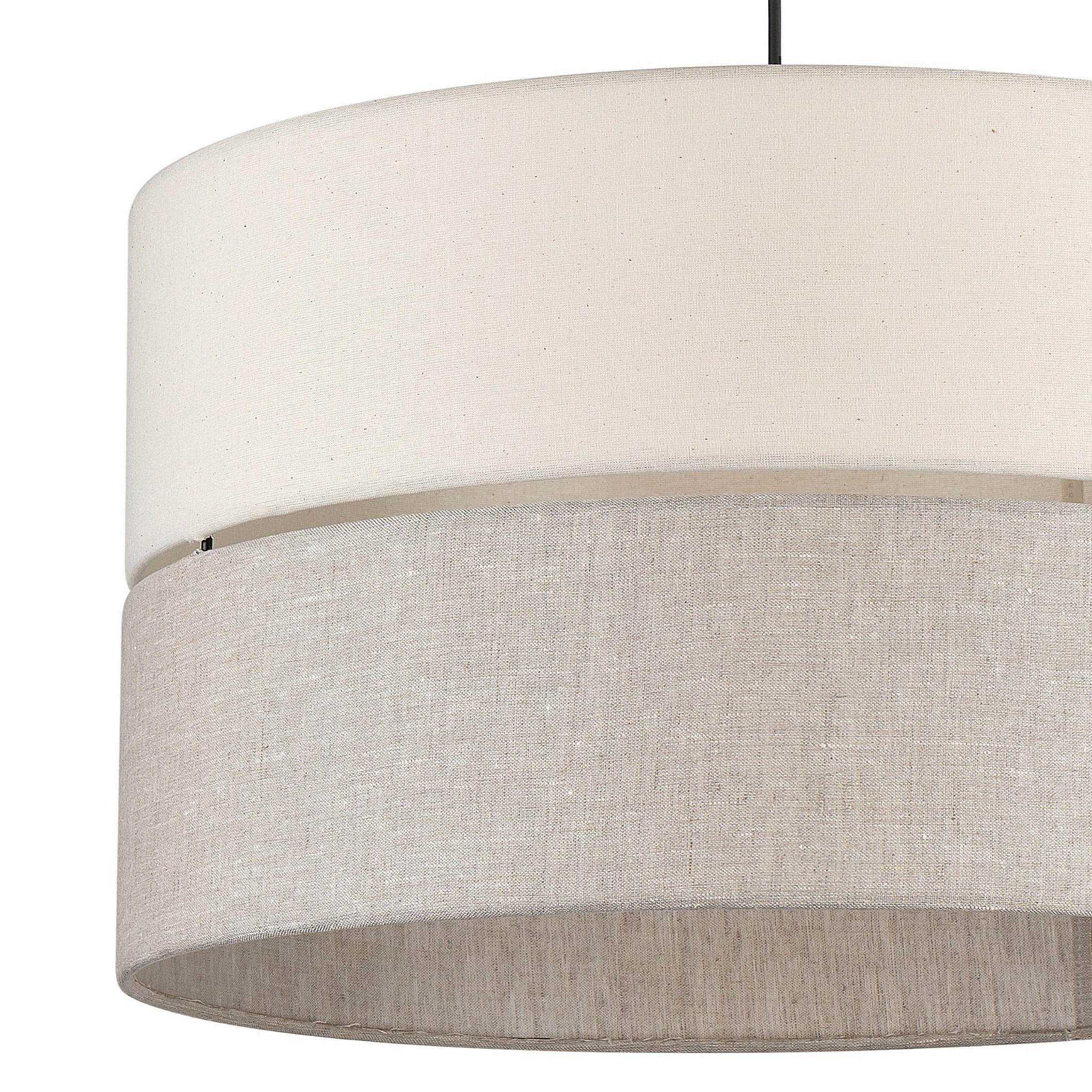Lampa wisząca Eco D50 w kolorze białym i szarym, składająca się z dwóch okrągłych kloszy z tkaniny, zawieszona na czarnym przewodzie. Górny klosz jest biały, dolny w odcieniu szaro-beżowym, tworząc nowoczesny design.