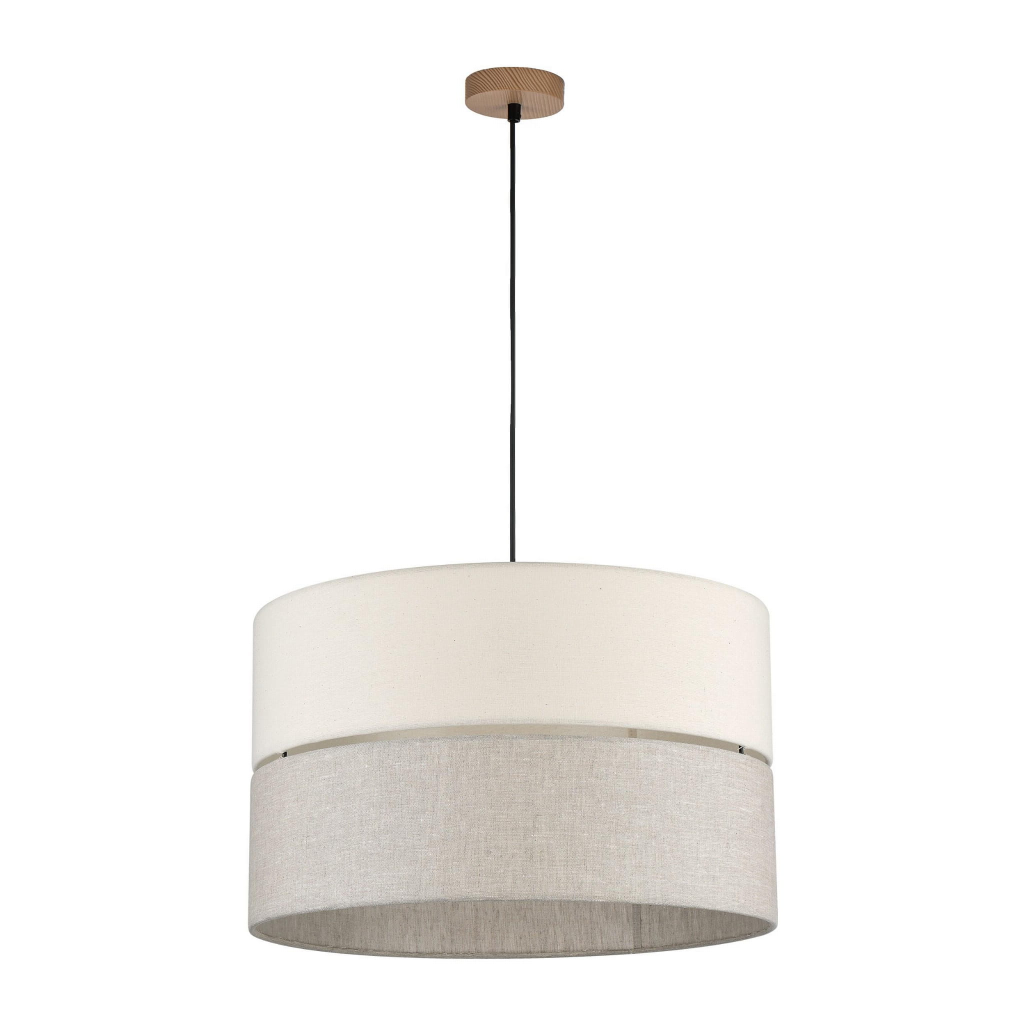 Lampa wisząca Eco D50, 3-punktowa, z okrągłym abażurem w kolorze białym i szarym. Zawieszona na czarnym przewodzie, z drewnianym mocowaniem sufitowym. Prostokątny kształt abażurów tworzy elegancki efekt wizualny.