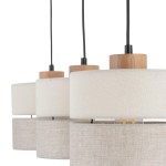 Eco lampa wisząca 3-punktowa z trzema cylindrycznymi kloszami w jasnym i szarym odcieniu, z drewnianymi detalami u góry. Lampa zawieszona na czarnych przewodach, widok z przodu.