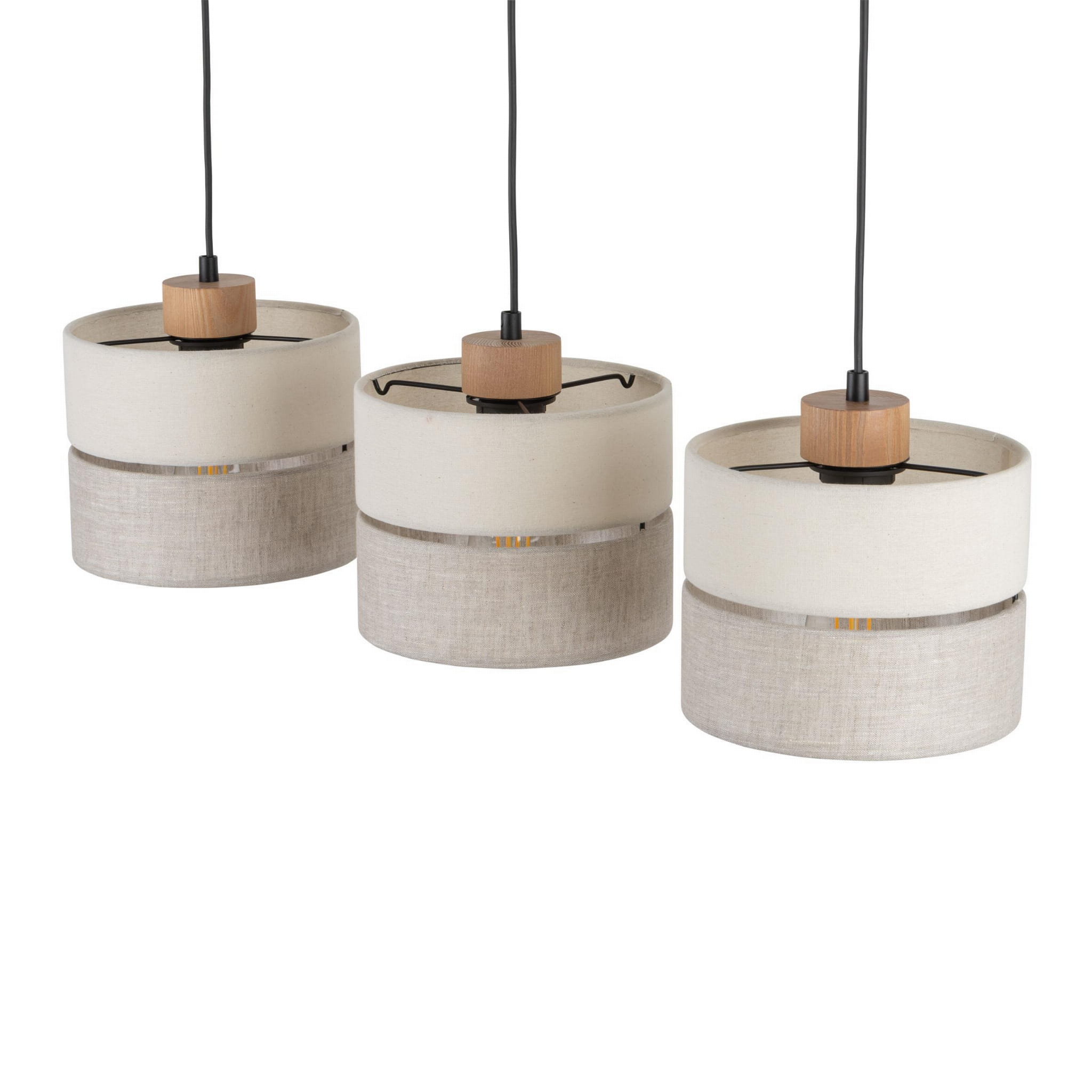 Eco lampa wisząca 3-punktowa 5771 z trzema okrągłymi kloszami, w kolorze jasnym i szarym, wykonana z materiału tekstylnego. Górna część klosza jest biała, dolna szara. Lampa zawieszona na czarnych przewodach, z drewnianymi elementami przy mocowaniu.