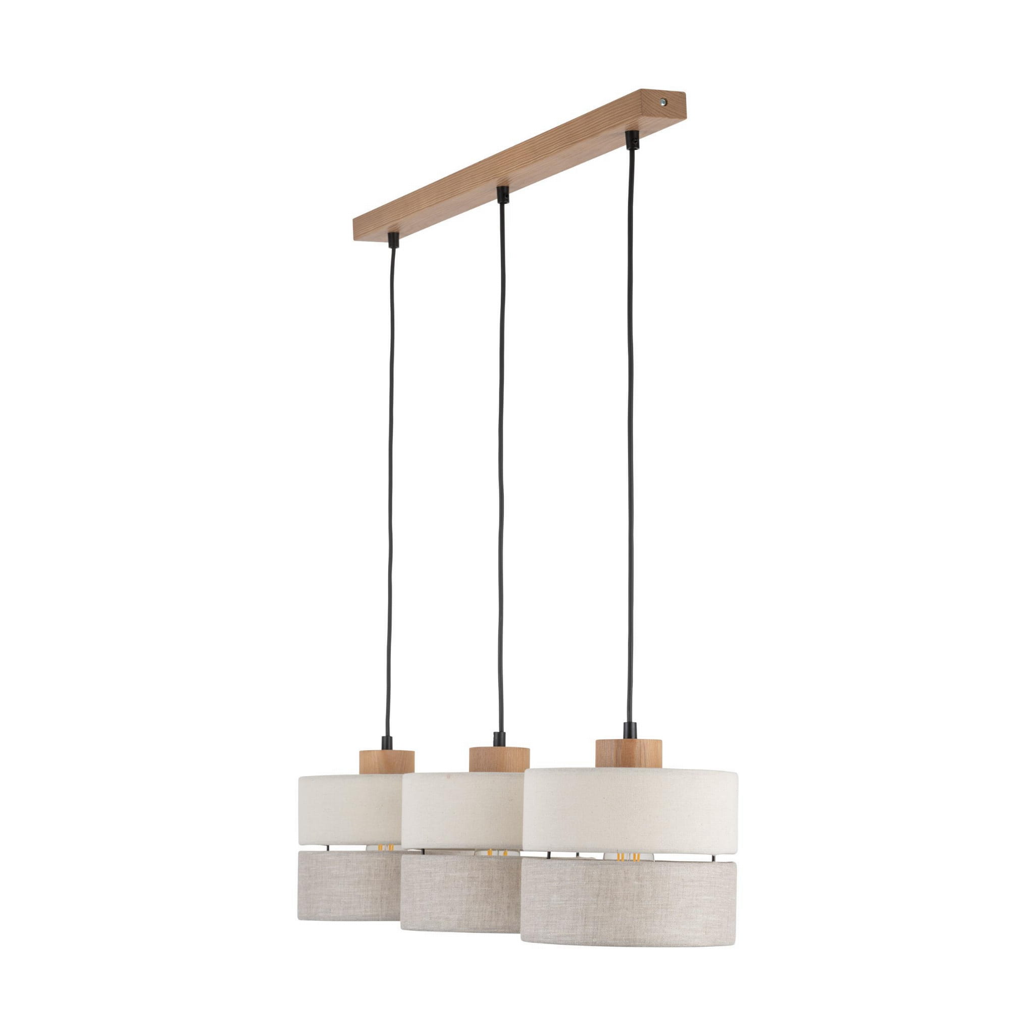 Eco lampa wisząca 3-punktowa 5771 z drewnianą belką w kolorze jasnego drewna i trzema okrągłymi kloszami w odcieniach jasnego beżu. Klosze zawieszone na czarnych przewodach, w układzie pionowym, z widocznymi żarówkami wewnątrz.