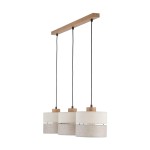 Eco lampa wisząca 3-punktowa 5771 z drewnianą belką w kolorze jasnego drewna i trzema okrągłymi kloszami w odcieniach jasnego beżu. Klosze zawieszone na czarnych przewodach, w układzie pionowym, z widocznymi żarówkami wewnątrz.