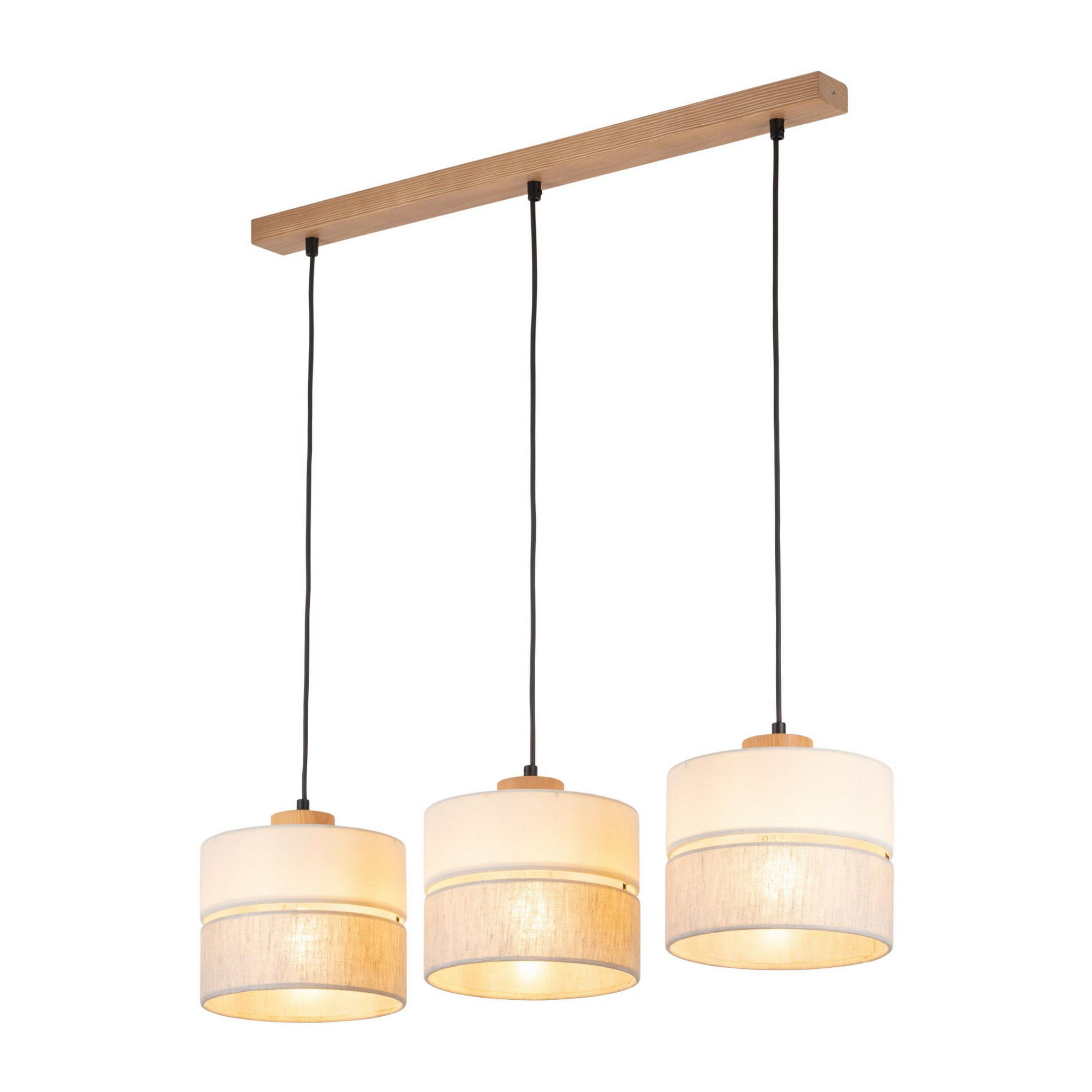 Lampa wisząca 3-punktowa w stylu ekologicznym, z drewnianym stelażem i trzema okrągłymi kloszami w odcieniach bieli i beżu. Klosze zawieszone na czarnych przewodach, emitują ciepłe światło, idealna do nowoczesnych wnętrz.