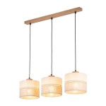 Lampa wisząca 3-punktowa w stylu ekologicznym, z drewnianym stelażem i trzema okrągłymi kloszami w odcieniach bieli i beżu. Klosze zawieszone na czarnych przewodach, emitują ciepłe światło, idealna do nowoczesnych wnętrz.