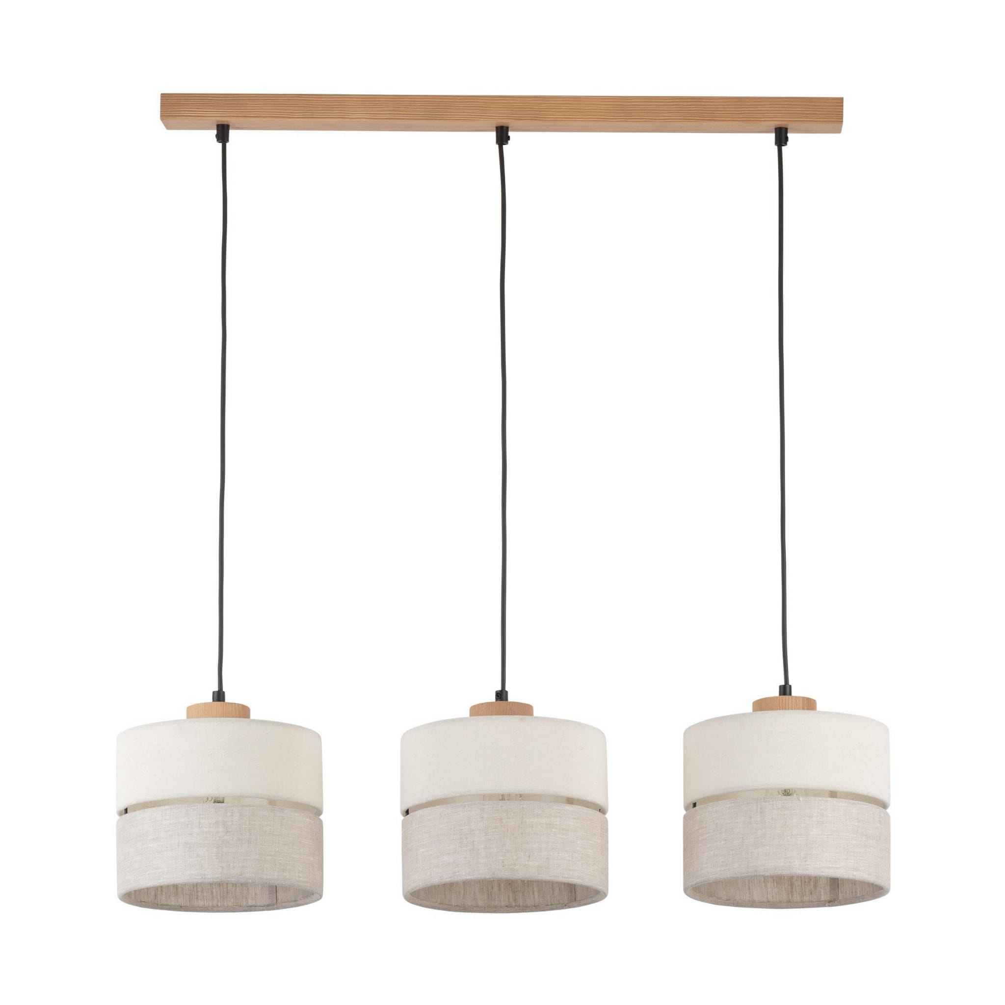 Lampa wisząca 3-punktowa Eco z drewnianą belką. Trzy klosze w odcieniu białym i szarym, wykonane z tkaniny, zawieszone na czarnych linkach. Prosty, nowoczesny design, idealna do aranżacji wnętrz.