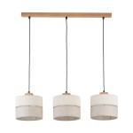 Lampa wisząca 3-punktowa Eco z drewnianą belką. Trzy klosze w odcieniu białym i szarym, wykonane z tkaniny, zawieszone na czarnych linkach. Prosty, nowoczesny design, idealna do aranżacji wnętrz.