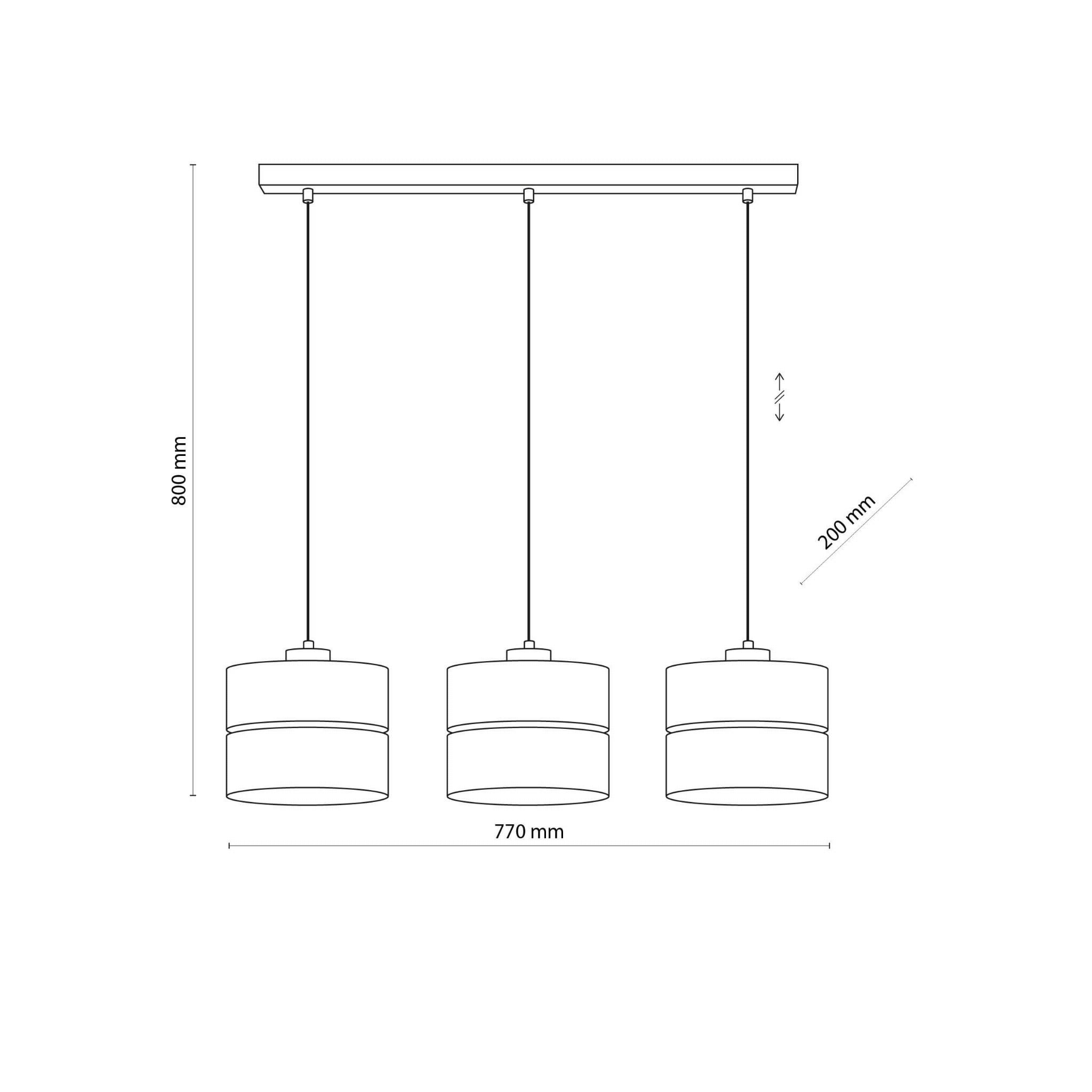 Eco lampa wisząca 3-punktowa 5771 w kształcie cylindrów zawieszona na prostokątnej podstawie. Długość zawieszenia 800 mm, odległość między punktami 770 mm. Dwa różne poziomy wysokości kloszy, każdy o średnicy 200 mm. Idealna do nowoczesnych wnętrz.