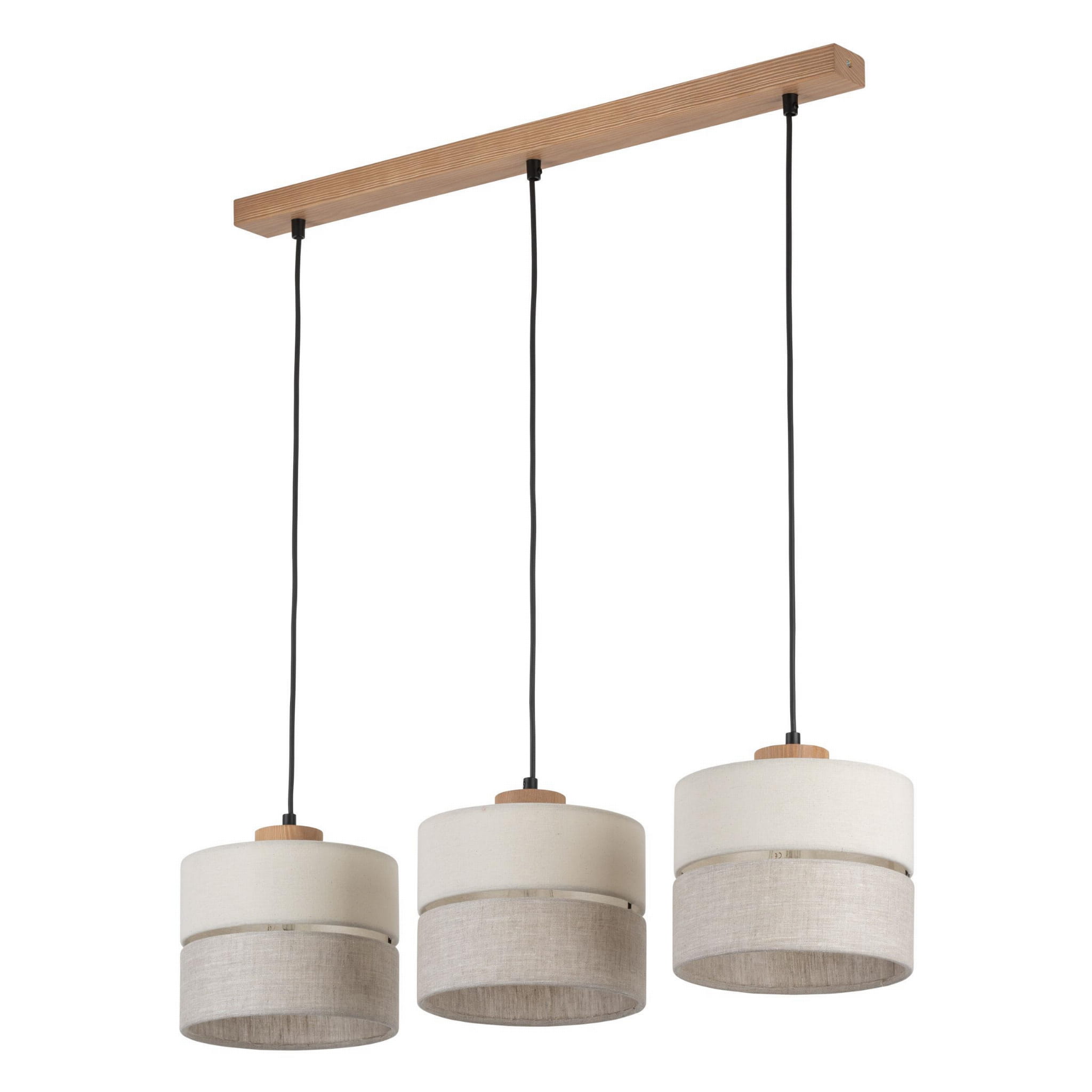 Lampa wisząca 3-punktowa w stylu ekologicznym z drewnianym stelażem. Trzy okrągłe klosze w odcieniach beżu i bieli, zawieszone na czarnych przewodach. Klosze mają teksturowane wykończenie, nadające lampie naturalny charakter.