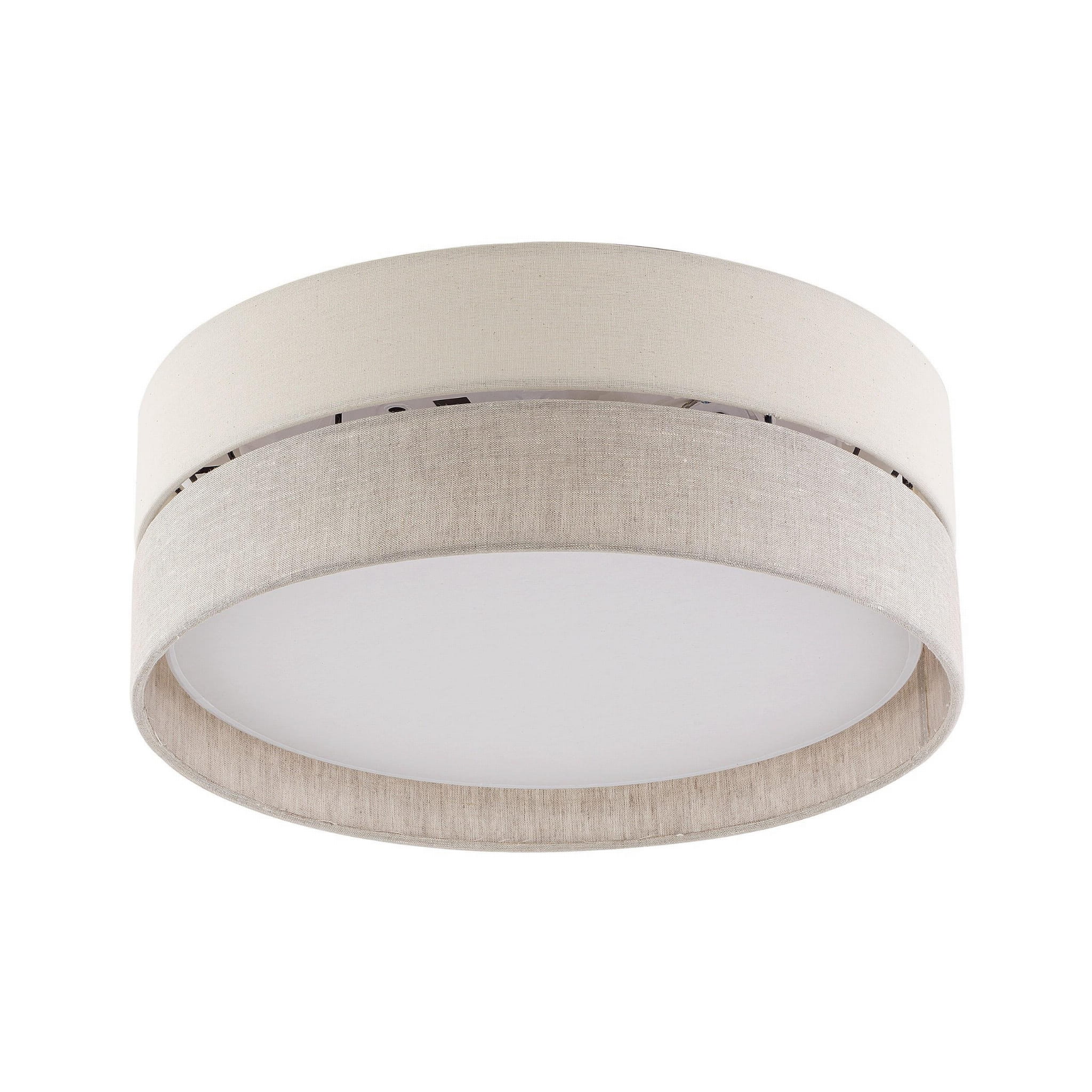 Lampa sufitowa Eco D45 w kolorze beżowym, z trzema punktami świetlnymi. Okrągła, z materiałowym abażurem w dwóch odcieniach. Zainstalowana na suficie, prezentuje minimalistyczny styl. Tło jasne, co podkreśla jej kolorystykę.