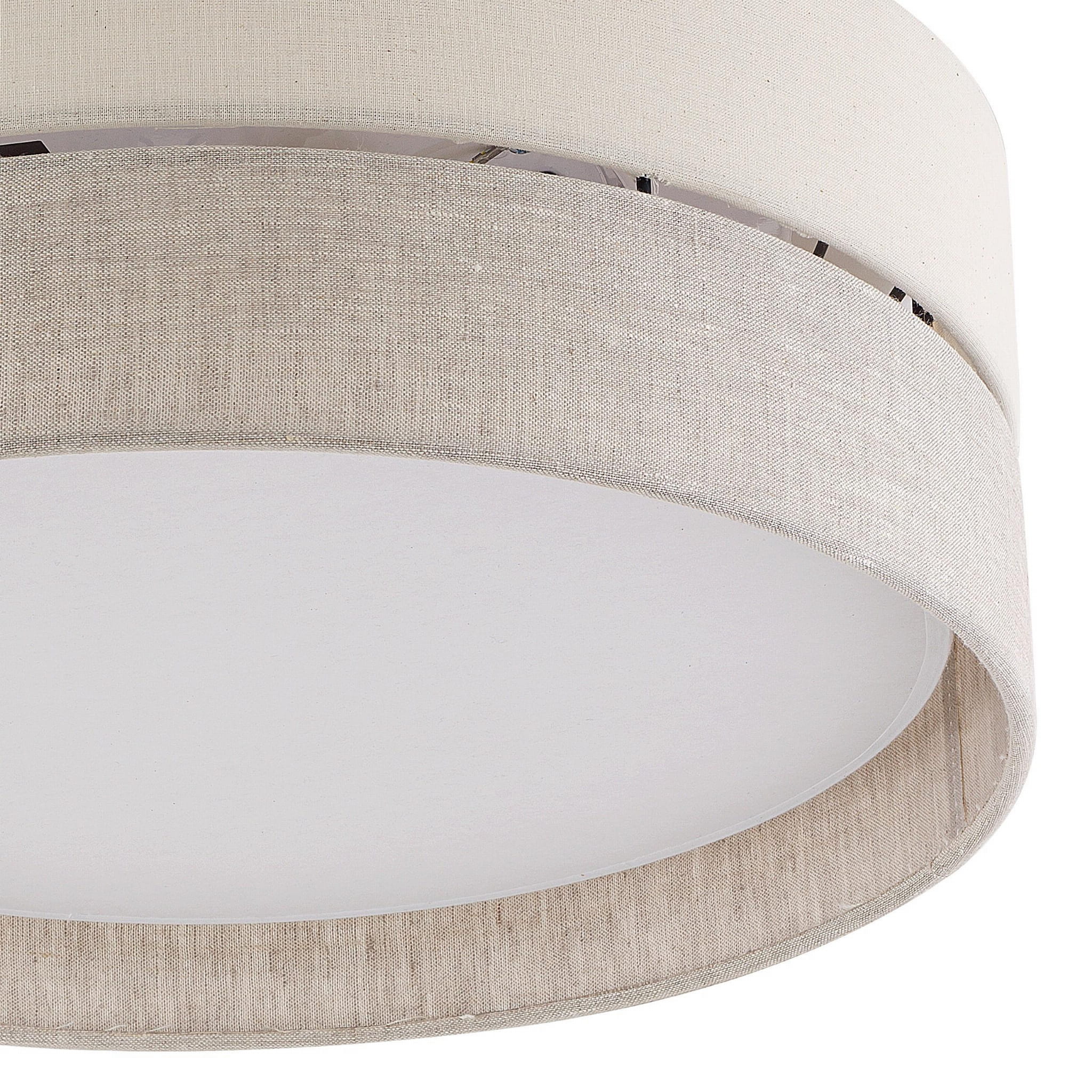 Lampa sufitowa Eco D45 w stylu 3-punktowym, okrągła, z beżowym abażurem z tkaniny, z białym, matowym kloszem. Widok z góry, ukazujący detale materiału i wykończenia.